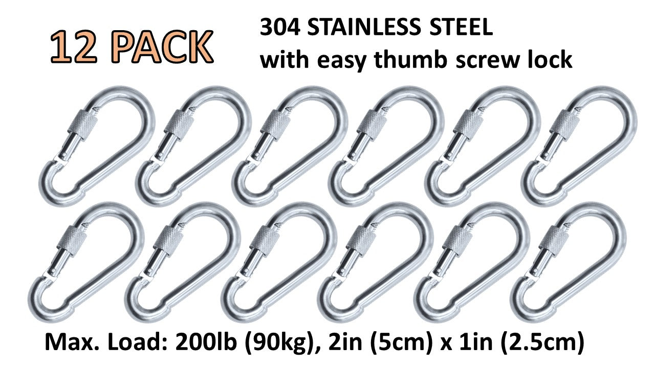 Heavy Duty 2" & 2.8" Stainless Steel Thumb Screw Locking Carabiner Spring Snap Clip Link Hooks