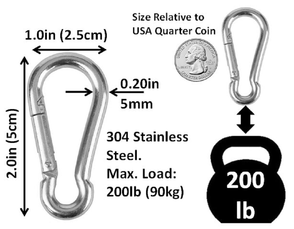 Heavy Duty 2 & 2.8 Stainless Steel Carabiner Spring Snap Clip Link Hooks