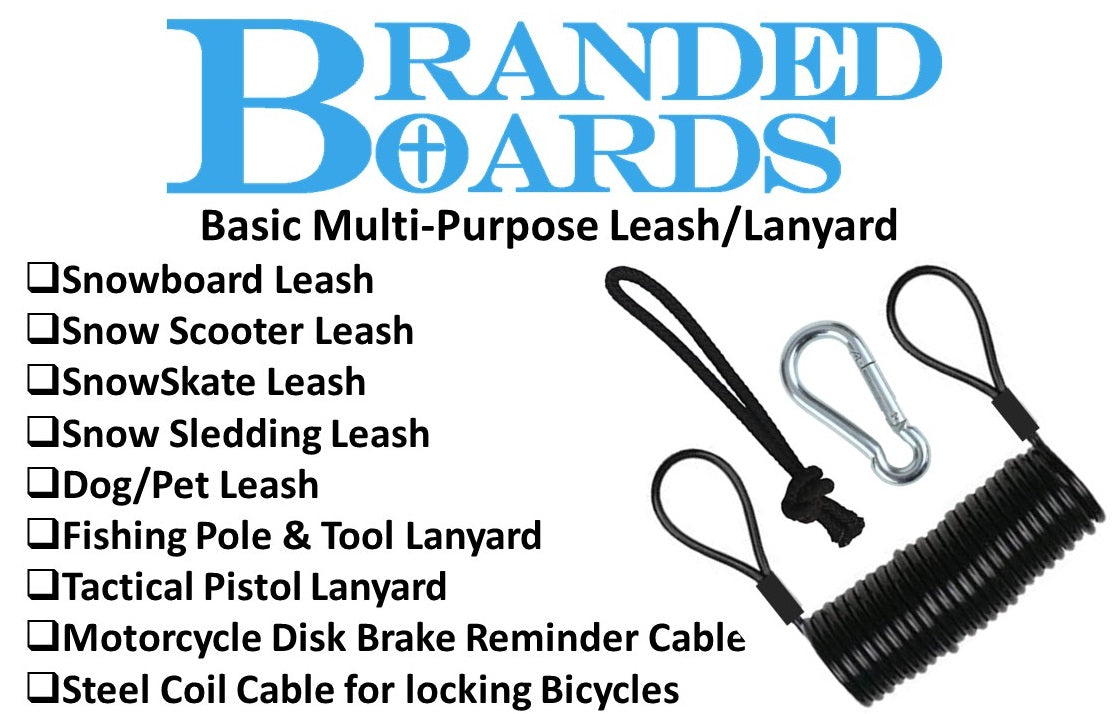 Branded Boards Steel Coiled Leash with Heavy Duty Hook & Loop Cuff, Carabiner & Paracord Loop.