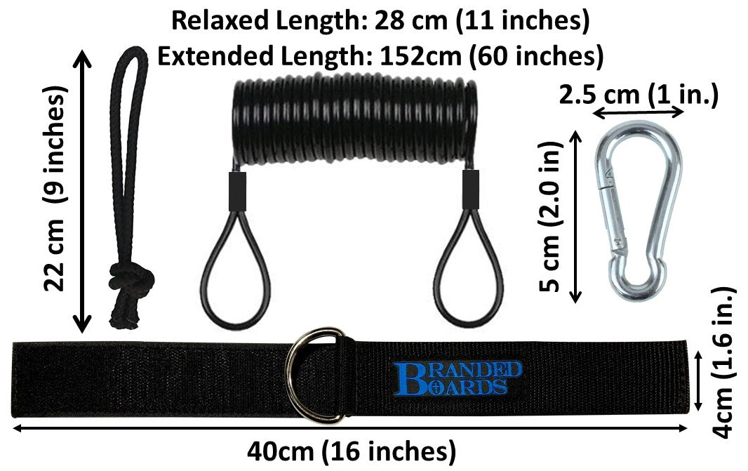 Branded Boards Steel Coiled Leash with Heavy Duty Hook & Loop Cuff, Carabiner & Paracord Loop.
